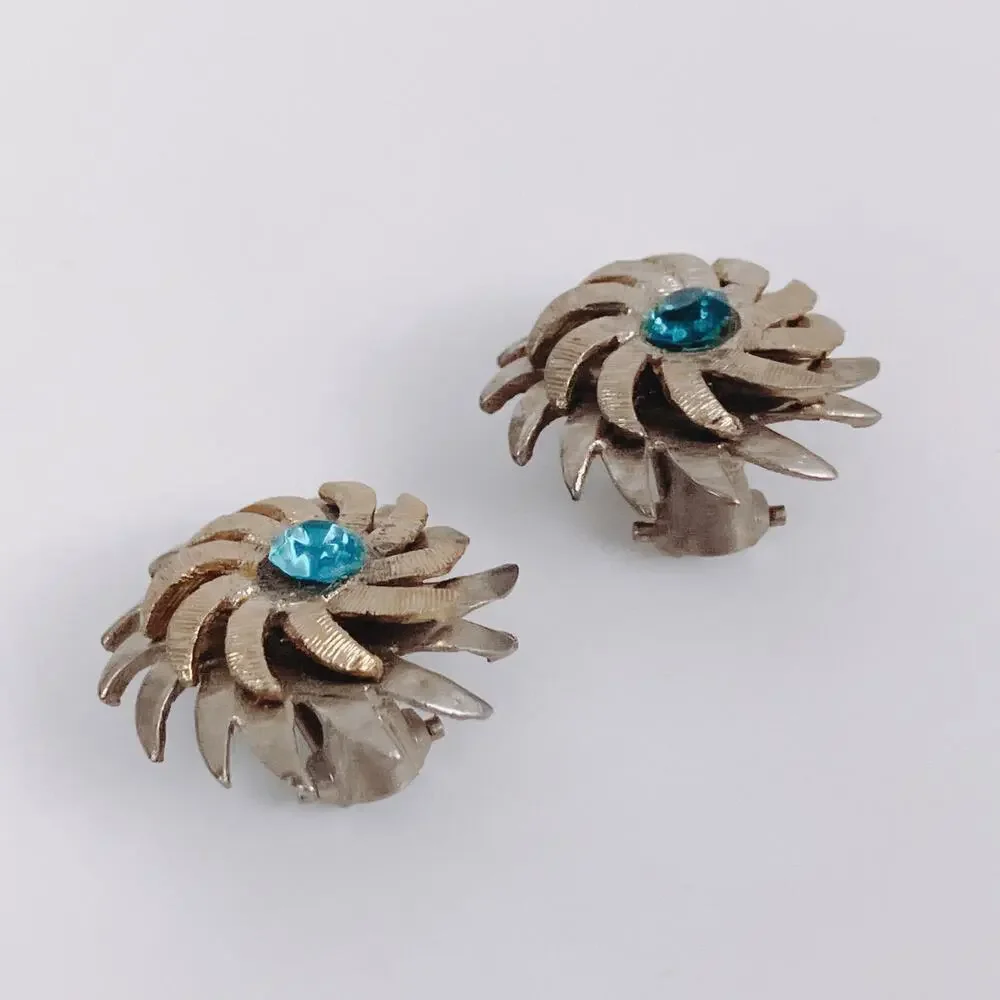 Signed Kramer Vintage Mid Century Atomic Aqua Blue Rhinestone Clip Earrings